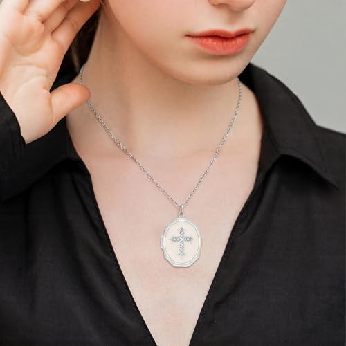 18K Gold Cross Locket Necklace for Women Holds Photo Necklace with Personalized Picture Necklaces Pendant 18 Inch Birthday Mother's Day for Women - color: Silver Cross