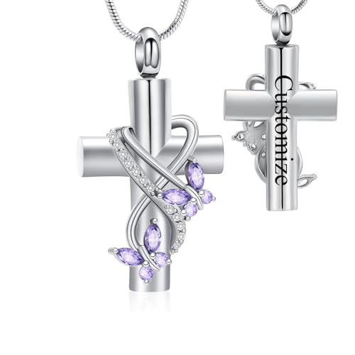 Cross Cremation Jewelry Butterfly Urn Necklace for Human Ashes for Women Men Memorial Ashes Keepsake Birthstone Pendant - color: Customize