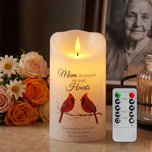 Homemory Cardinal Memorial Candle Sympathy Gifts for Loss of Loved One, Mom | 4x7 Real Wax LED Candle with Remote Timer for Loss of Mom, 3D Flameless Flickering Flame for Remembrance at Home or Funeral - color: Cardinal In Loving Memory of Mom