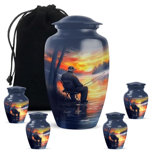 Fishing Adult Cremation Funeral Urn for Human Ashes, Keepsake Memorial Gift, Handcrafted Small Urns for Ash Container, Combo, Grey (10 Inch & 3 Inch Mini Set of 3) - color: Fishing Urn -4, size: 10"+3"Combo-3