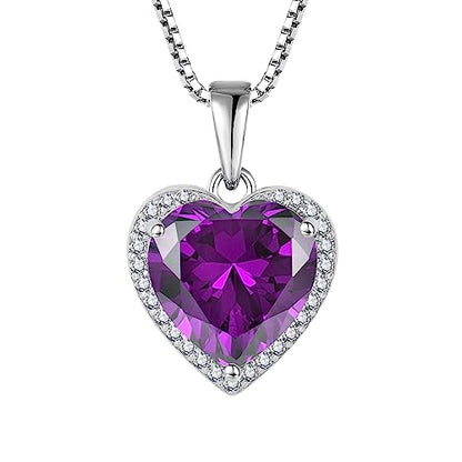 925 Sterling Silver Halo Heart Necklace for Women | Lwsary Love Heart Necklace, Heart Cut Birthstone Jewelry for Her - color: Purple