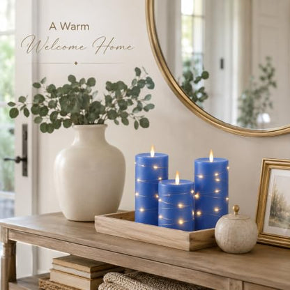 Upinmz Flickering Flameless Candles with Embedded String Lights, Battery Operated Candles with Remote Control and Timer,LED Candles for Home Decoration,Real Wax, 3 Pack Blue - size: Blue-Wax-3 Pack