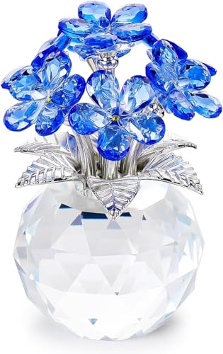 Qianwei Blue Forget Me Not Crystal Flowers - Sympathy Glass Flowers Collectible Figurines Decor Paperweight Ornament Home Office Table Desk Decorations - color: Blue-plus
