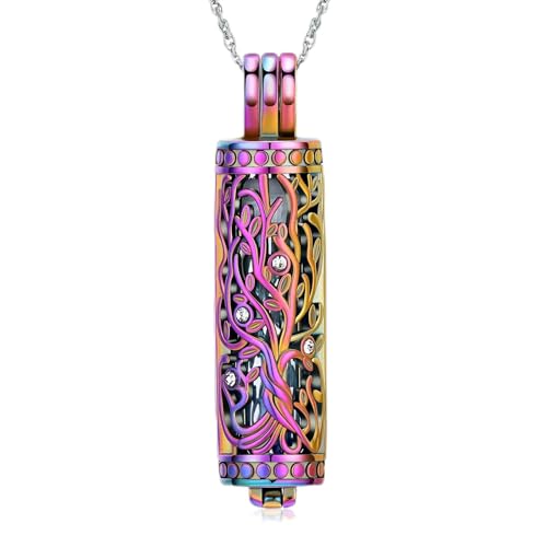 Tree of Life Urn Necklace for Women Men Cylinder Bar Memorial Ash Pendant | Tree of Life Cremation Jewelry,Stainless Steel Keepsakes Necklaces,Vial Ashes Pendant - color: Rainbow