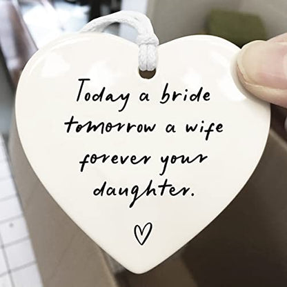Ceramic Heart Gift for Mother of the Bride, Wedding Keepsake, Double-Sided Design with Hanging Strings, Gift for Mom on Wedding Day from Daughter - color: Today a Bride