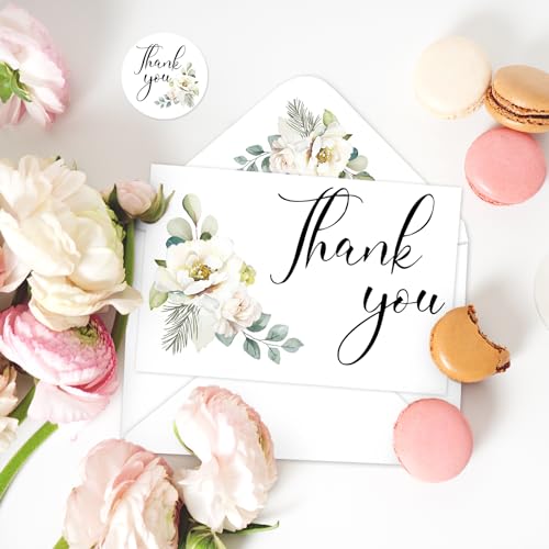 Whaline 48Pcs Funeral Thank You Cards White Floral Sympathy Thank You Card with Stickers Envelope Bereavement Note with Message for Memorial Service Loved Ones Celebration of Life