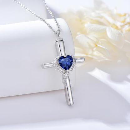 TOUPOP Cross Urn Necklaces for Ashes Birthstone Cremation Jewelry 925 Sterling Silver Cross Memorial Keepsake Funeral Jewelry for Women (with Funnel Filler) - color: 09-September-Sapphire