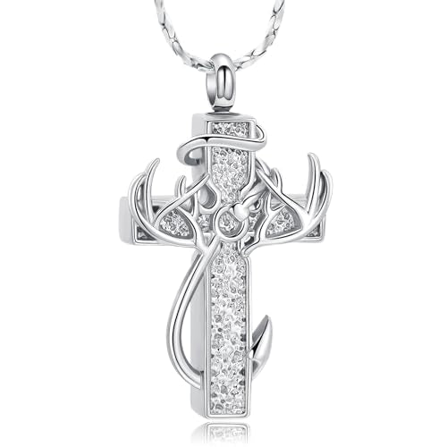 Imrsanl Cross Urn Necklace for Ashes for Women Men | Cremation Jewelry, Fish Hook Deer Antler Design Memorial Pendant, Human Pets Ashes Holder Keepsake - color: Silver-2