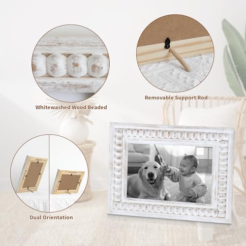 Whitewashed Wood Beaded 5x7 Picture Frame - Farmhouse Style Rustic Photo Frame, Boho Picture Frame as 5 x 7 Photo Frame for Tabletop Display 5x7 Photo - color: White, size: Single 5x7