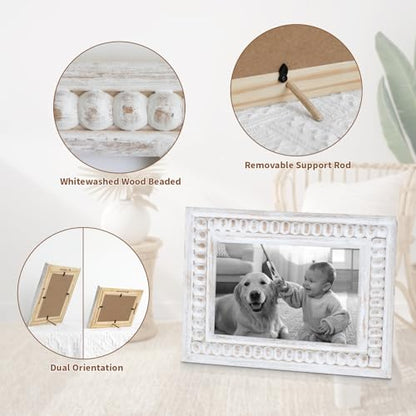 Whitewashed Wood Beaded 5x7 Picture Frame - Farmhouse Style Rustic Photo Frame, Boho Picture Frame as 5 x 7 Photo Frame for Tabletop Display 5x7 Photo - color: White, size: Single 5x7