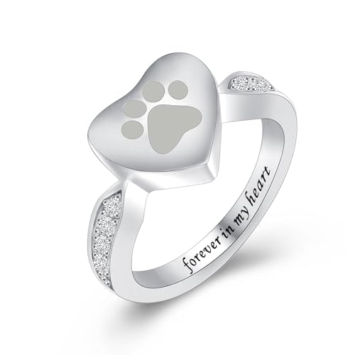 Heart Paw Print Cremation Urn Ring for Human Ashes for Women Men with Crystals, Forever in My Heart Pet Ashes Memorial Keepsake Ring - color: Silver-9#