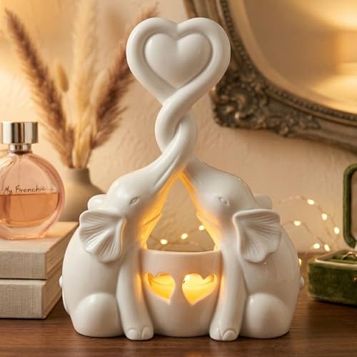 OakiWay Elephant Gifts for Women - Love Candle Holder Statue with Flickering LED for Couple - Ivory 14th Wedding for Her - Elephant Home Deco'r Valentine's Present