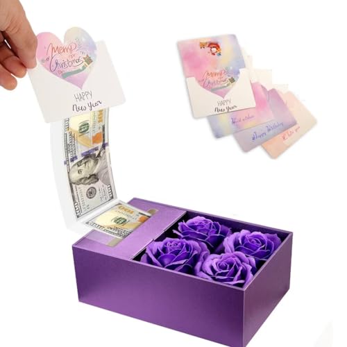 Money Box for Cash Gift Pull, Money Gift Boxes for Cash on Birthday, Christmas, Graduation, Mother's Day, for Husband, Wife, Girlfriend, Mother With Soap Rose Flower and Greeting Cards - Purple - color: Purple