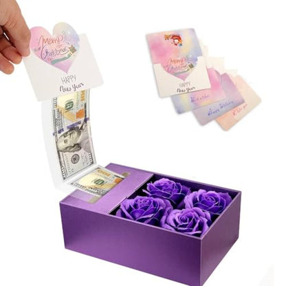Money Box for Cash Gift Pull, Money Gift Boxes for Cash on Birthday, Christmas, Graduation, Mother's Day, for Husband, Wife, Girlfriend, Mother With Soap Rose Flower and Greeting Cards - Purple - color: Purple