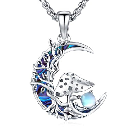 Sterling Silver Tree of Life Necklace for Women Oval Family Tree Necklace Abalone Shell Moonstone Pendant Mother Day Necklace for Mom Tree of Life Jewelry - style: Tree of Life-Mushroom-Moonstone