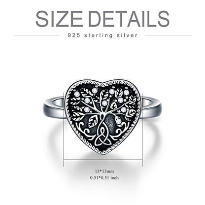 AOBOCO 925 Sterling Silver Heart Tree of Life Celtic Knot Cremation Urn Ring Holds Loved Ones Ashes, Always in My Heart Urn Ring for Ashes for Women, Memorial Keepsake Jewelry with Austrian Crystal