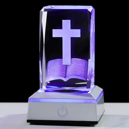 YWHL Laser Engraved Cross and Bible Religious Christian Gifts for Women Men | 3D Laser Engraving Crystal Cross Figurine with Colorful Light Base, Christian Collectible Decoration for Home office - color: Bible Cross