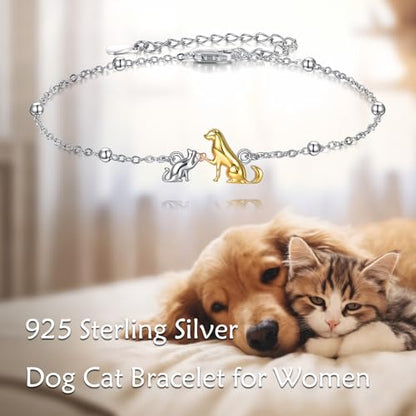 AOBOCO 925 Sterling Silver Cute Cat Kitty Bracelet Adjustable Link Chain, Cat Jewelry Gifts for Cat Lovers 7-9 inches - style: E-Cat and Dog-2