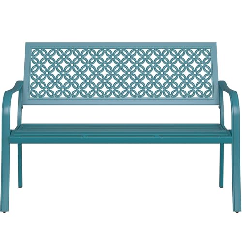 Grand patio 50" Outdoor Bench, Garden Bench with Armrests, Lake Shore | Anti-Rust Metal Powder Coated Frame, Patio Bench for Front Porch Park Outside Furniture - color: Lake Shore