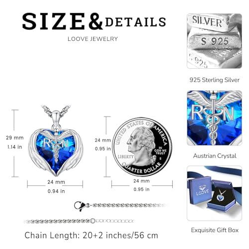Angel Wings Necklace 925 Sterling Silver Guardian Angel Nurse RN Caduceus Pendant Charm Crystal Angel Jewelry Gifts for Women - style: G-Angel Wings-Nurse-RN-Blue