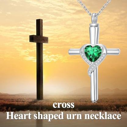 TOUPOP Cross Urn Necklaces for Ashes Birthstone Cremation Jewelry 925 Sterling Silver Cross Memorial Keepsake Funeral Jewelry for Women (with Funnel Filler) - color: 05-May-Emerald