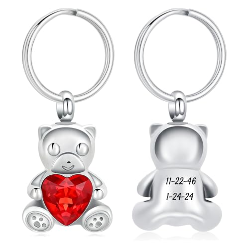 Yinplsmemory Teddy Bear Cremation Jewelry Urn Keychain for Ashes for Women with Crystal Heart Urn Keepsake Pendant Key Ring - color: Customize