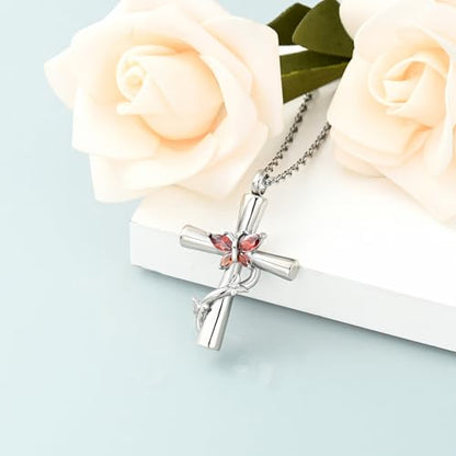 shajwo Butterfly Cross Urn Necklaces for Ashes for Women Men - color: Silver-Red