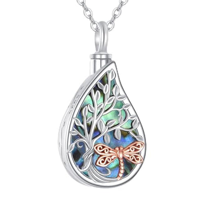 URONE Urn Necklaces for Ashes 925 Sterling Silver Abalone Shell Tree of Life Cremation Jewelry for Ashes Memory Jewelry for Women Men - style: tree-dragonfly