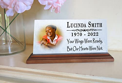 Broad Bay Loved One Memorial with Picture Celebration of Life Memorial Plaque Custom Photo Marble Remembrance - Your Wings were Ready But Our Hearts were Not 8" x 4"' - color: Your Wings Were Ready