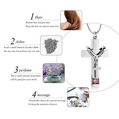 Forever in My Heart Birthstone Personalized Double Cross Urn Pendant Cremation Jewelry for Ashes Cross Ashes Keepsake - color: Silver-Red