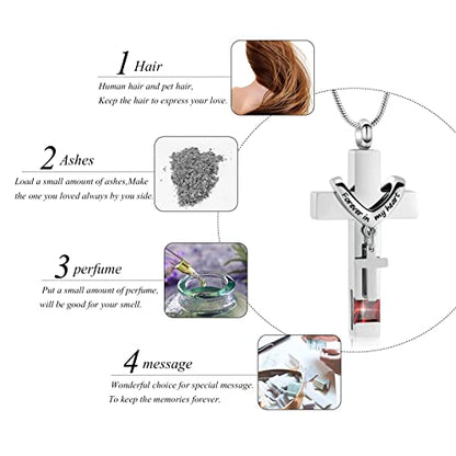 Forever in My Heart Birthstone Personalized Double Cross Urn Pendant Cremation Jewelry for Ashes Cross Ashes Keepsake - color: Silver-Red