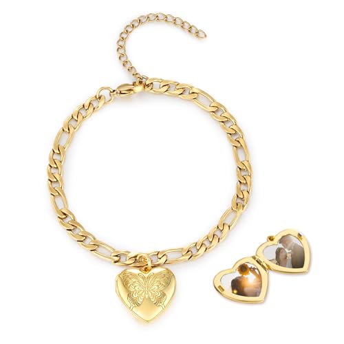 TUGHRA Gold Locket Bracelet for Women, 925 Sterling Silver Heart Photo Bracelet Lockets Memorial Keepsake Jewelry Gift for Mom, Wife, Daughter Mother's Day Birthday - style: B-Butterfly