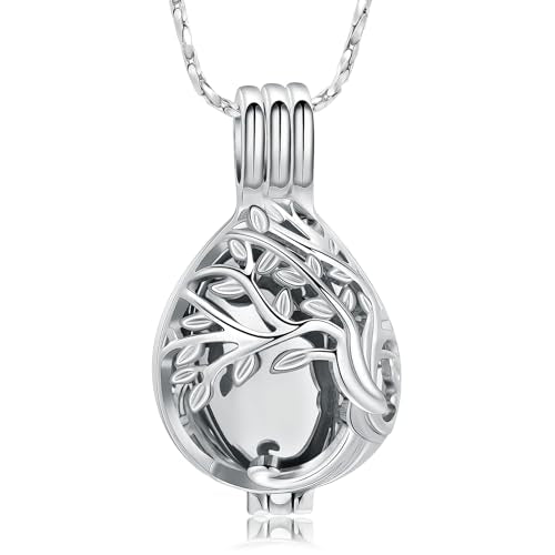 Imrsanl Teardrop Urn Necklace for Ashes Tree of Life Cremation Jewelry | For Women Men, Hollow Locket Pendant, In Memory of a Beloved, Keepsake Urn for Human Pet Ashes - color: Silver