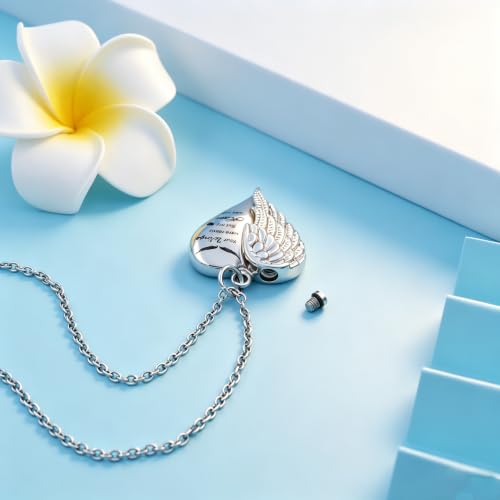 Heart Cremation Urn Necklace Human Ashes Jewelry for Women Men Engraved Your Wings were Ready but My Heart was Not Angel Wings Memorial Pendant Necklace Gift for Family Members - color: Silver
