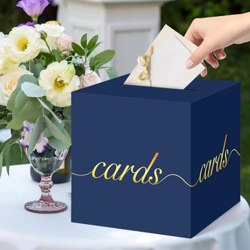 Navy Blue Card Box Gold Foil Wedding Favors Gift Card Boxes Post Box Receiving Money Box Holder for Wedding Reception, Baby Showers, Anniversary, Birthday Party, Retirement, Graduation Envelope Holder - color: Navy Blue and Gold