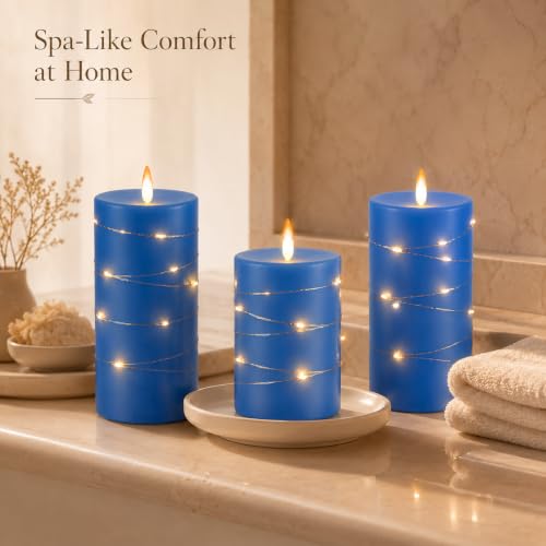 Upinmz Blue Real Wax Flameless Candles, 3-Pack, Remote Timer, String Lights - size: Blue-Wax-3 Pack