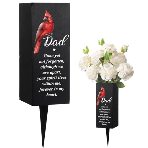 Hushee Dad Memorial Cardinal Grave Decorations Metal Cemetery Flower Vase | Gravesite Flower Holder with Spike, Funeral Flower Vase Grave for Loss of Loved One, Cemetery Outdoors Yard Garde Decoration - style: Dad