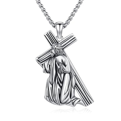 Crucifix Necklace for Men 925 Sterling Silver Jesus Cross Necklace Crucifix Cross Pendant Protection Jewelry for Men Women - style: B04-Carrying Cross-Kneeling