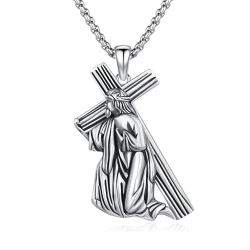 Crucifix Necklace for Men 925 Sterling Silver Jesus Cross Necklace Crucifix Cross Pendant Protection Jewelry for Men Women - style: B04-Carrying Cross-Kneeling