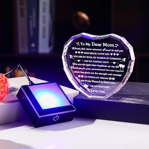 Arikyrist Gifts for Mom with Colorful LED Base Moms Birthday Gifts from Daughter Son to My Mom Gift Crystal Heart Keepsake Best Mother Presents Idea for Christmas Mother's Day Valentine - style: Mom Gifts + Light Base