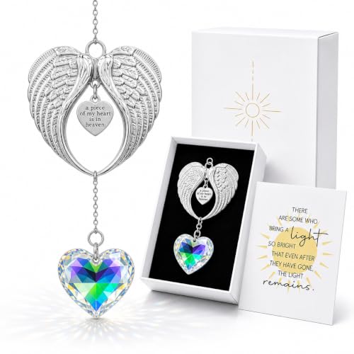 Memorial Suncatcher Gift for Loss of Mom, Crystal Angel Wings Sun Catcher | Gift for Loss of Mom, Windows, Sympathy Gift for Loss of Loved One, Bereavement Remembrance Grief for Women, Heart