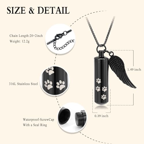 Cylinder Cremation Jewelry Urn Necklace Pet Ashes Pet Paw Memorial Ashes Necklace with Angel Wing for Dog/Cat Keepsake Jewelry for Men Women - color: Black（Medium）