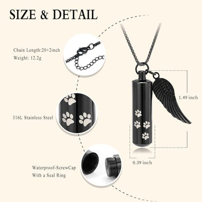 Cylinder Cremation Jewelry Urn Necklace Pet Ashes Pet Paw Memorial Ashes Necklace with Angel Wing for Dog/Cat Keepsake Jewelry for Men Women - color: Black（Medium）