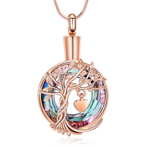 Hearbeingt Teardrop Urn Necklaces for Ashes Tree of Life Memorial Locket - color: Tree of Life-Rose-P
