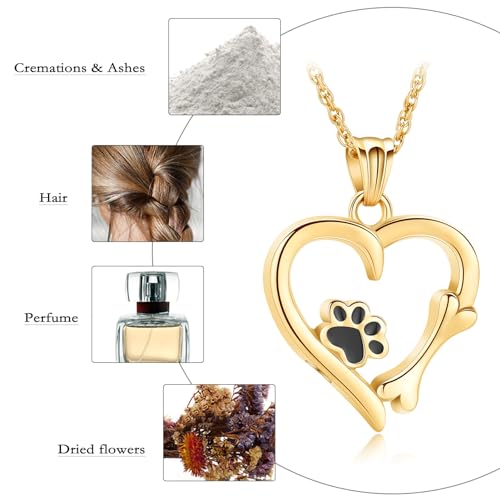 Pet Cremation Jewelry for Ashes Paw Print Pet Heart Urn Necklace Memorial Keepsake Jewelry for Pet/Dog's/Cat's Ashes Pendant - color: Gold