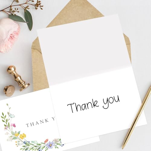 24 Pack Floral Thank You Cards with Envelopes, Watercolor Wildflower Thank You Notes with Kraft Envelopes Sticker for Birthday Wedding Baby Shower Bridal Shower Teachers Graduation, 4 x 6 Inch - color: 24pcs