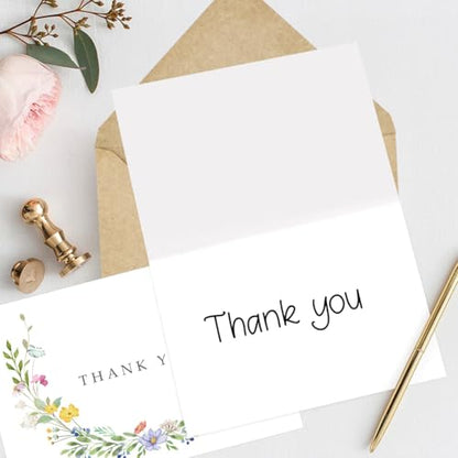 24 Pack Floral Thank You Cards with Envelopes, Watercolor Wildflower Thank You Notes with Kraft Envelopes Sticker for Birthday Wedding Baby Shower Bridal Shower Teachers Graduation, 4 x 6 Inch - color: 24pcs