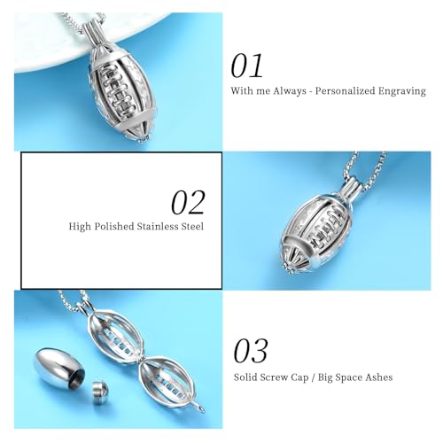 Oinsi American Football Cremation Locket Necklace For Ashes Of Loved Ones Stainless Steel Memorial Urn Jewelry Women Men Keepsake Fashion Necklace - color: All Silver