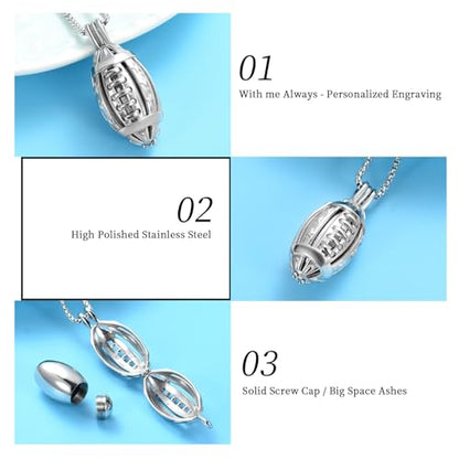 Oinsi American Football Cremation Locket Necklace For Ashes Of Loved Ones Stainless Steel Memorial Urn Jewelry Women Men Keepsake Fashion Necklace - color: All Silver