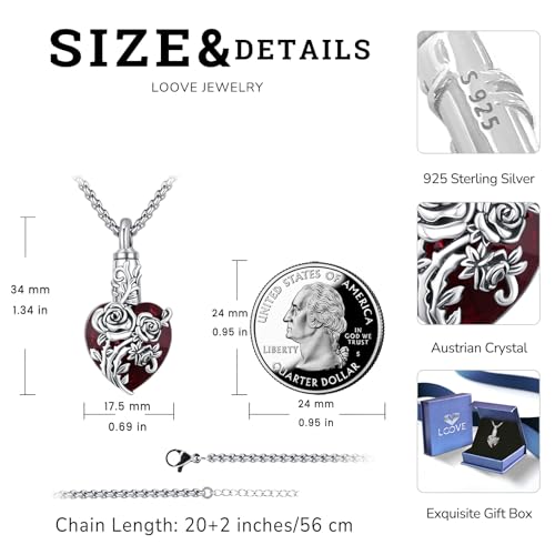 Urn Necklace for Ashes for Women/Men 925 Sterling Silver Cremation Jewelry w/Funnel Filler Memorial Jewelry Gifts - color: A-Rose (Crystal-Red), style: Non - Customized
